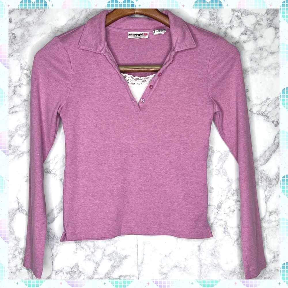 Energie Girls Y2K Pink Layered Henley Top Lace Trim Long Sleeve M/L